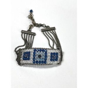 Bracelet Beaded Design Blue White Pewter Tone Artisan 6.5”+1.5”